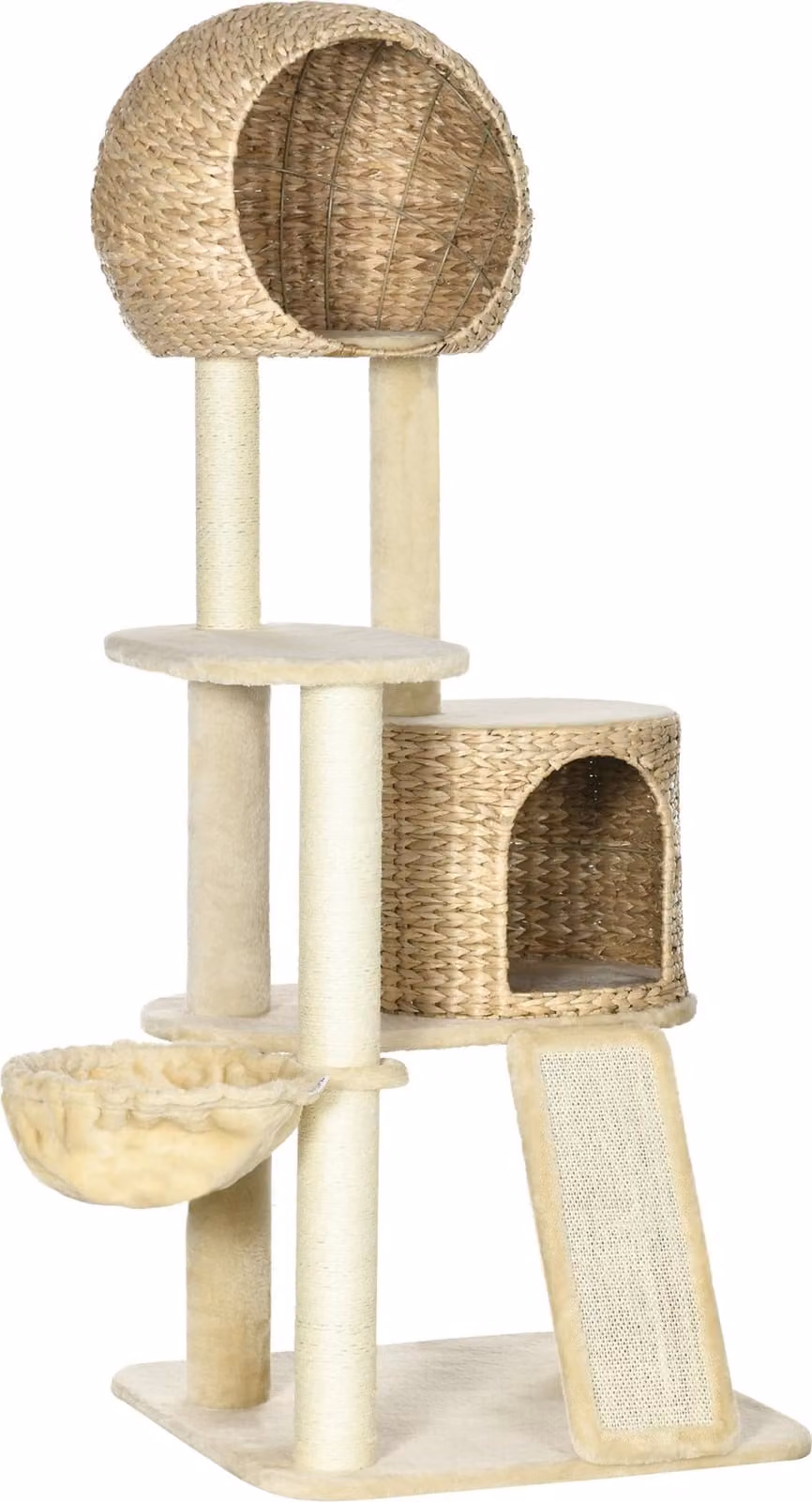 Fortuna Lai Tiragraffi per gatti Con casetta in rattan, diverse piattaforme, amaca e rampa, protezione antiribaltamento, peluche, beige, 60 x 60 x 150 cm