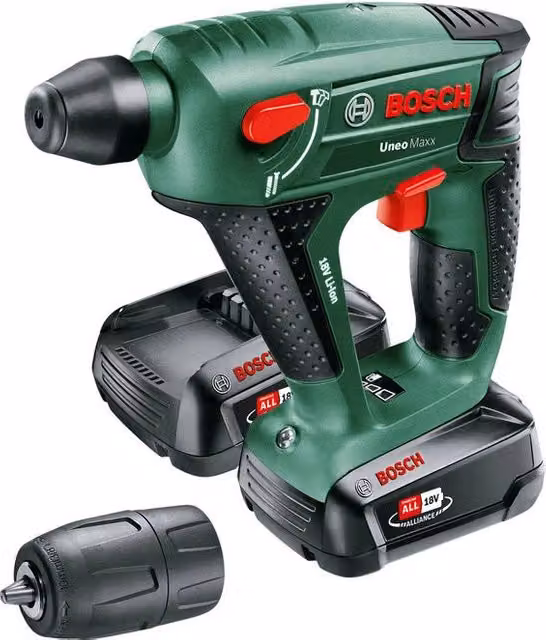 Martello Perforatore 3 in 1 Bosch Uneo Maxx SDS Quick 18 V con 2 Batterie da 2.5 Ah Nero e Verde