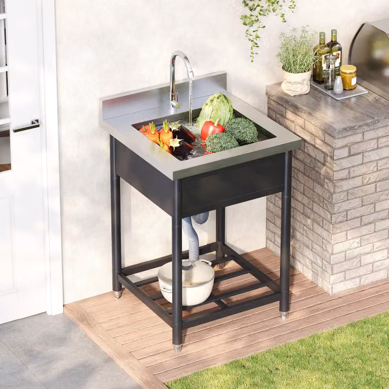 Lavello da esterno in acciaio inossidabile MODFU, lavello da giardino con rubinetto e scarico, modello a vasca singola, 60x60 cm