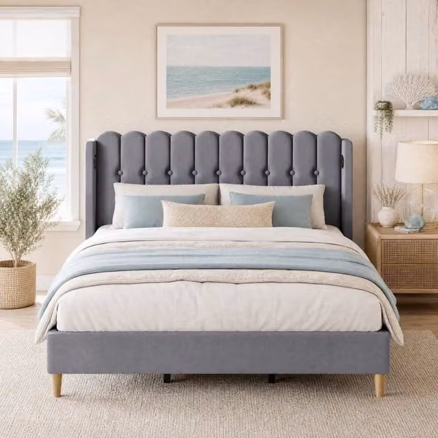 Letto matrimoniale imbottito in lino grigio 180x200 cm con struttura robusta e ricarica USB Type-C integrata
