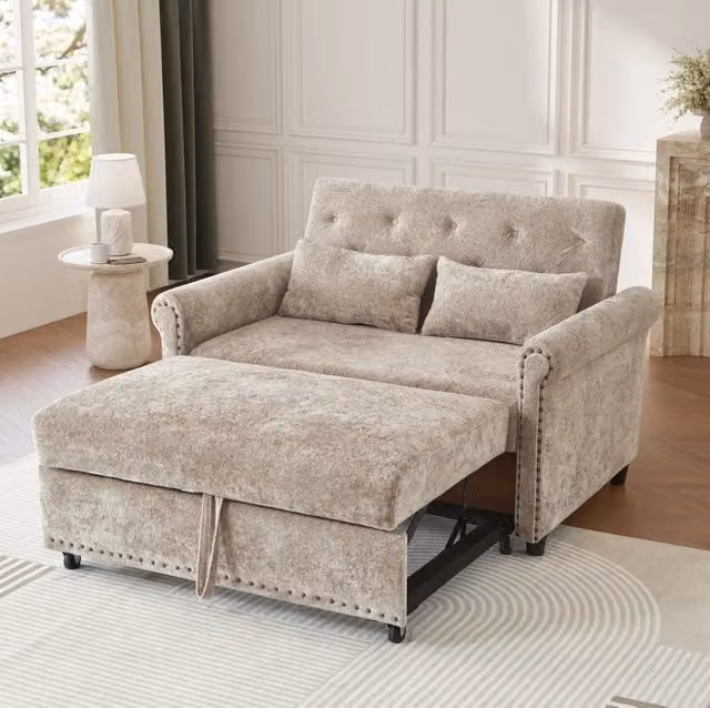 Divano letto MODFU 2 posti con schienale regolabile e funzione letto, rivestimento in tessuto chenille, colore marrone grigio, L: 170 cm, P: 98 cm – 1