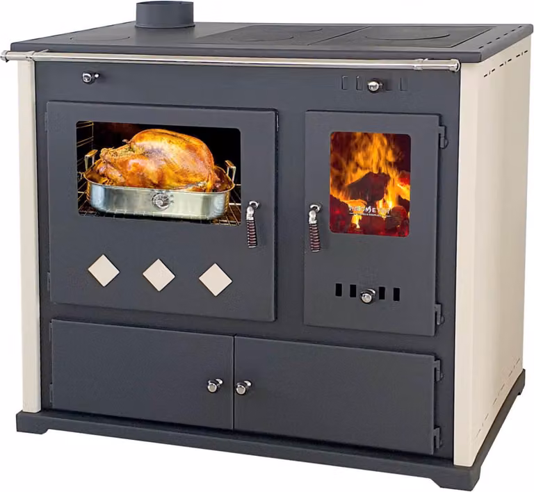 Stufa a legna con vano cottura e piano di cottura Pracktik Lux Beige SINISTRA Stufa a legna da 9,5 kW Caminetto a legna Stufa a fuoco continuo Stufa da officina Stufa svedese Stufa da casetta Stufa da riscaldamento