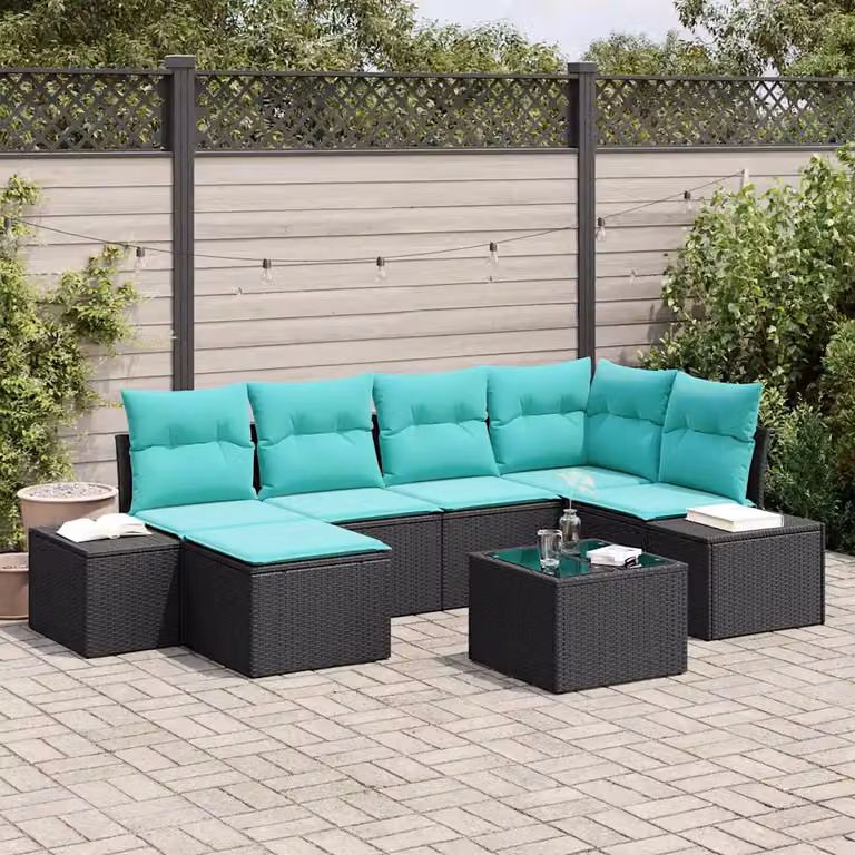Set Divano da Giardino vidaXL 6 pz con Cuscini, Design Moderno a L, Colore Nero e Turchese
