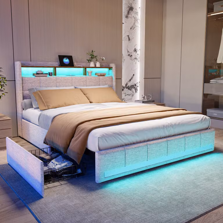 Letto imbottito 160x200 con LED e USB, letto matrimoniale con 4 cassetti contenitori, testata imbottita con ripiano, letto contenitore letto in metallo letto giovanile struttura letto, tessuto velluto (beige, 160×200 cm)