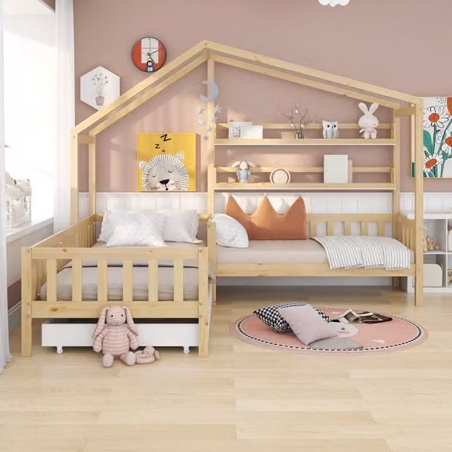 Struttura Letto a Casetta per Bambini Aosom in Legno Naturale con Cassetti e Scaffali, L/P/H: 200 x 90 x 140 cm – 1