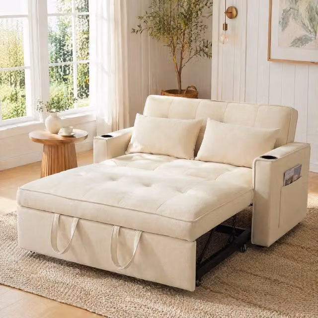 Divano letto multifunzione 3 posizioni in velluto beige; 137 x 76;5 x 83 cm