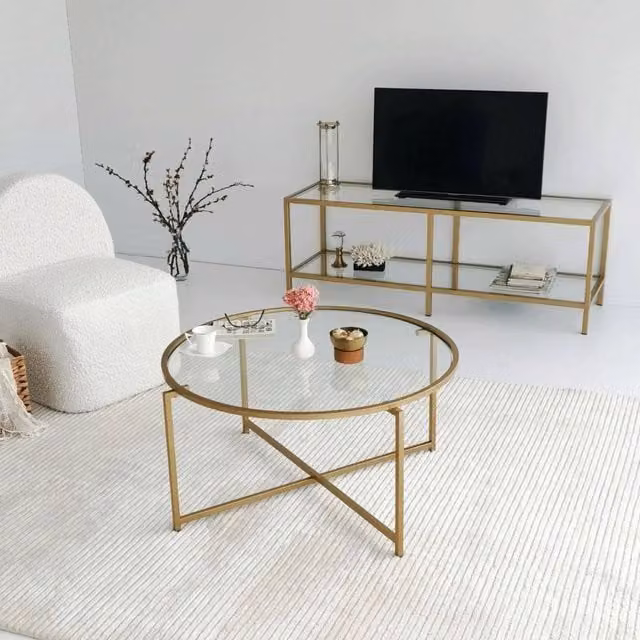 Tavolino da salotto Ecaterina DMORA con cassetti, rotondo, oro e vetro trasparente, L: 83 cm, P: 83 cm, H: 40 cm – 1