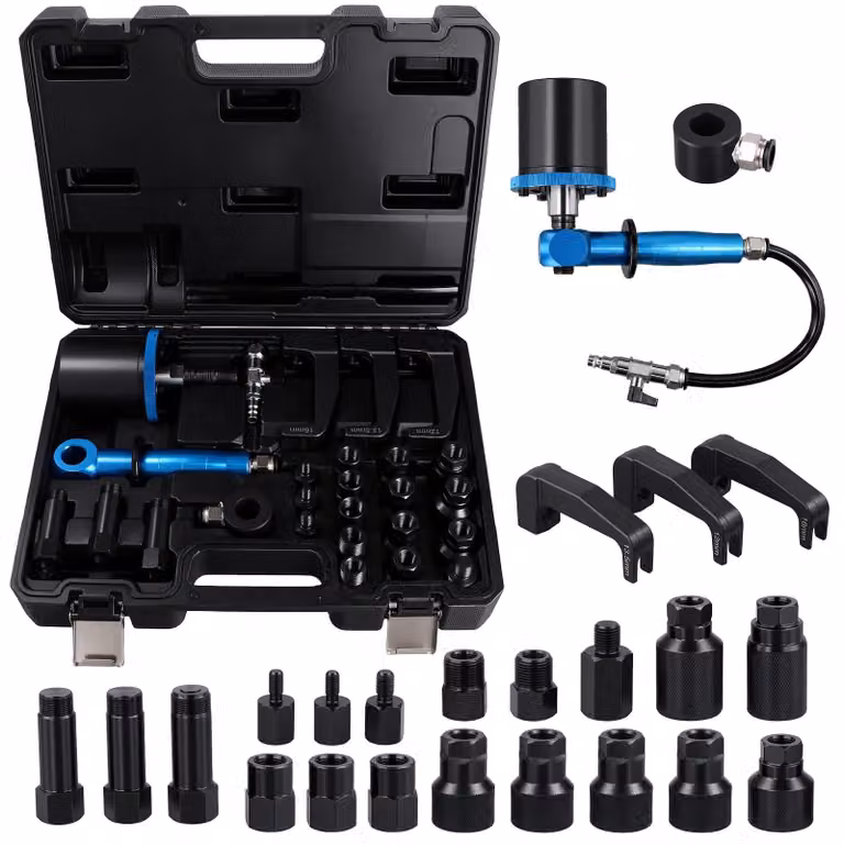 Set di strumenti per iniettori diesel - Estrattore pneumatico - 19 adattatori - 3 estrattori - Frequenza di corsa 300/900 al minuto - Forza d'impatto 600 N - Colore: nero