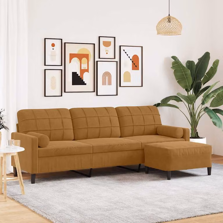 vidaXL Divano a 3 Posti in Velluto Marrone con Poggiapiedi, Design Moderno e Lineare per Soggiorno o Giardino