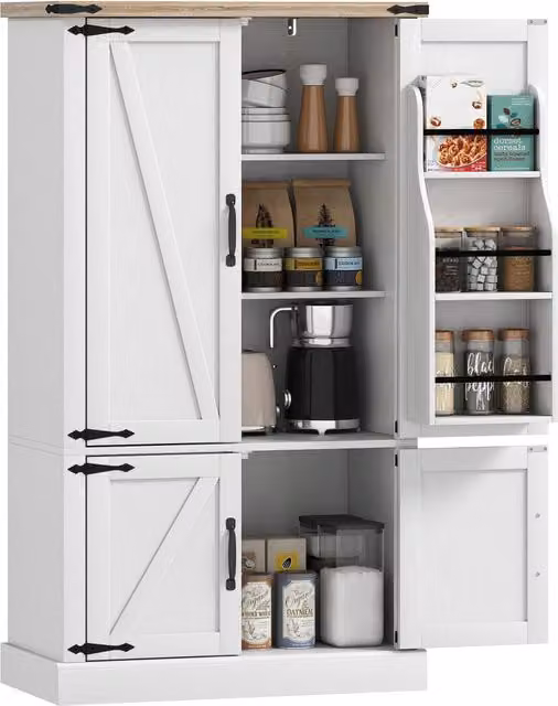 Mobile Dispensa Cucina con 4 Ante, 6 Portaspezie e Ripiani Regolabili, Credenza Salvaspazio 76,3 x 40 x 136 cm, Bianco