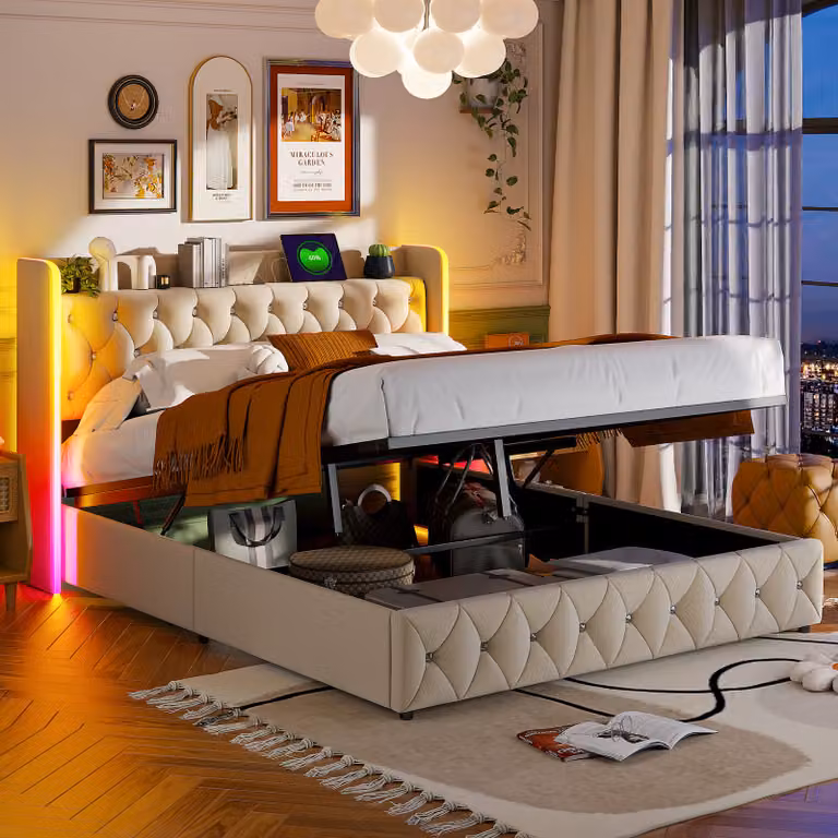 UnboxG Letto imbottito 160x200cm con USB e Type-C, letto a molle idrauliche con LED, letto matrimoniale in legno con testata contenitore, beige