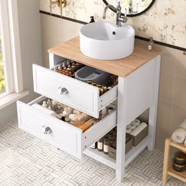 Mobile bagno con lavabo in ceramica; 2 cassetti e vano a giorno bianco e naturale HOMVRA