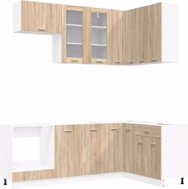Unità Cucina Moderna vidaXL LYON 8 Pezzi in Legno MDF Rovere e Bianco con Ante in Vetro e Ripiani Interni L/P/H: 160,31 x 81,5 x 80 cm