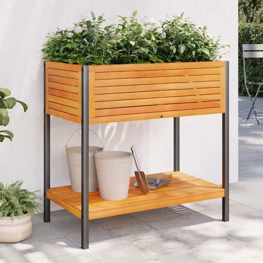 Fioriera con ripiano in legno di acacia oliato e acciaio marrone, stile industrial, L 80 cm x P 45 cm x H 80 cm – 2