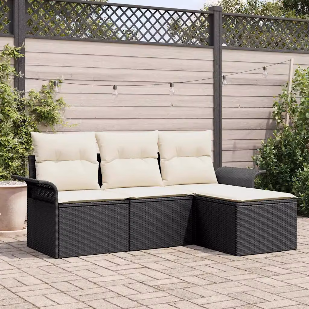 Set di divani da giardino a L vidaXL con cuscini, 4 posti, Nero e Beige – 1