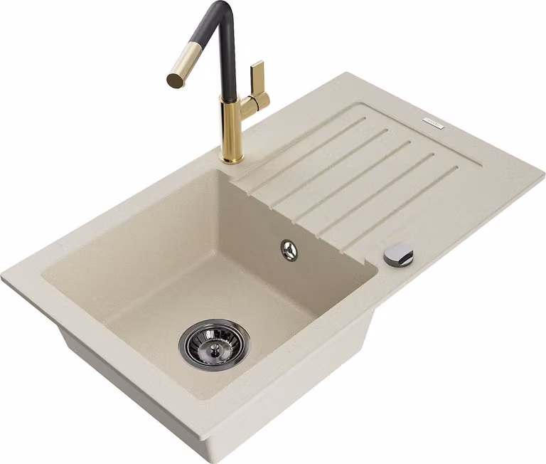 Mexen Pablo lavello in granito a 1 vasca con sgocciolatoio e miscelatore cucina Flora, beige - 6510-69-670401-57-B
