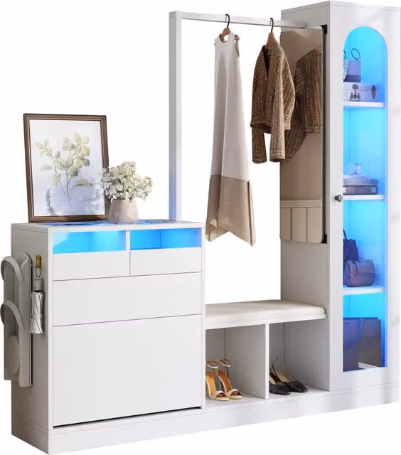 Mobile ingresso multifunzione 6 in 1 in legno bianco，guardaroba con scarpiera a ribalta e specchio，163x50x161 cm