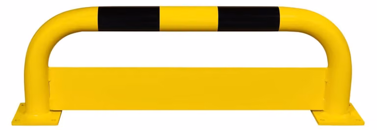 Barra paracolpi, con protezione antincastro, tubo tondo 76/3,0 mm, curvata, da fissare con tasselli, LxH 1000x350 mm, interno, rivestita in giallo con strisce nere