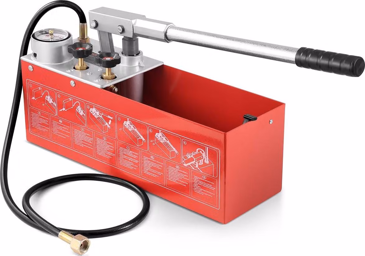 Pompa per prove idrostatiche, max 25 bar/362 PSI, kit tester manuale idraulico a doppia valvola con manometro, serbatoio acqua da 10 litri, tubo flessibile da 1,4 m con connettore filettato esterno da 1,27 cm per tubazioni