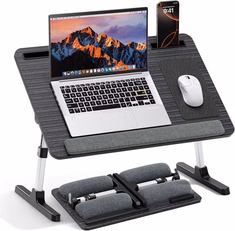 Tavolino da letto, tavolino per laptop, con cuscino imbottito, regolabile in altezza e inclinazione, pieghevole, ideale per l'uso a letto