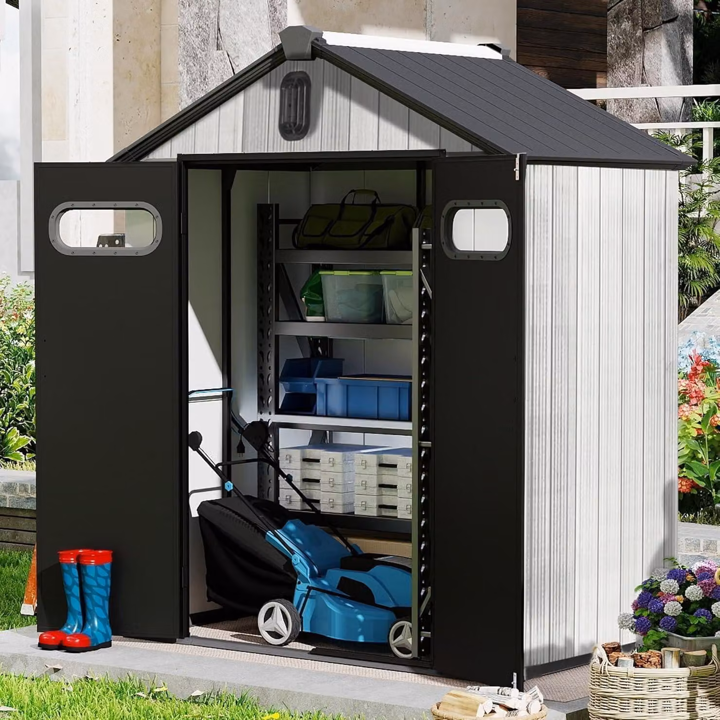 Casetta da giardino in plastica, dimensioni 1,8 x 1,2 metri, colore grigio. Resistente agli agenti atmosferici, resistente ai raggi UV, a doppia parete, con serratura e sistema di ventilazione del tetto