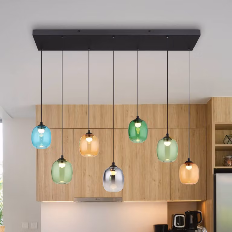 Globo Lampada LED a sospensione Minara, 7 luci, lunghezza 102 cm, colorata, vetro Minara, Multicolore, Soggiorno / Sala da pranzo, Metallo, Moderno