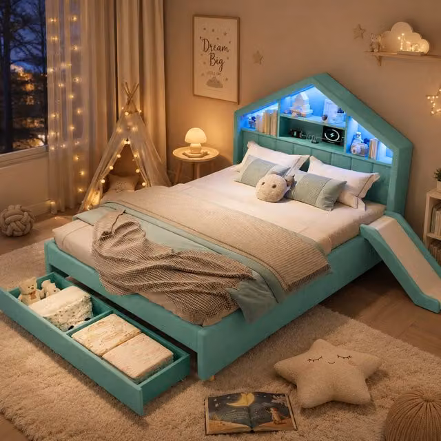 Letto per bambini imbottito 140 × 200 cm con scivolo reversibile velluto blu verde LED porta di ricarica vano contenitore