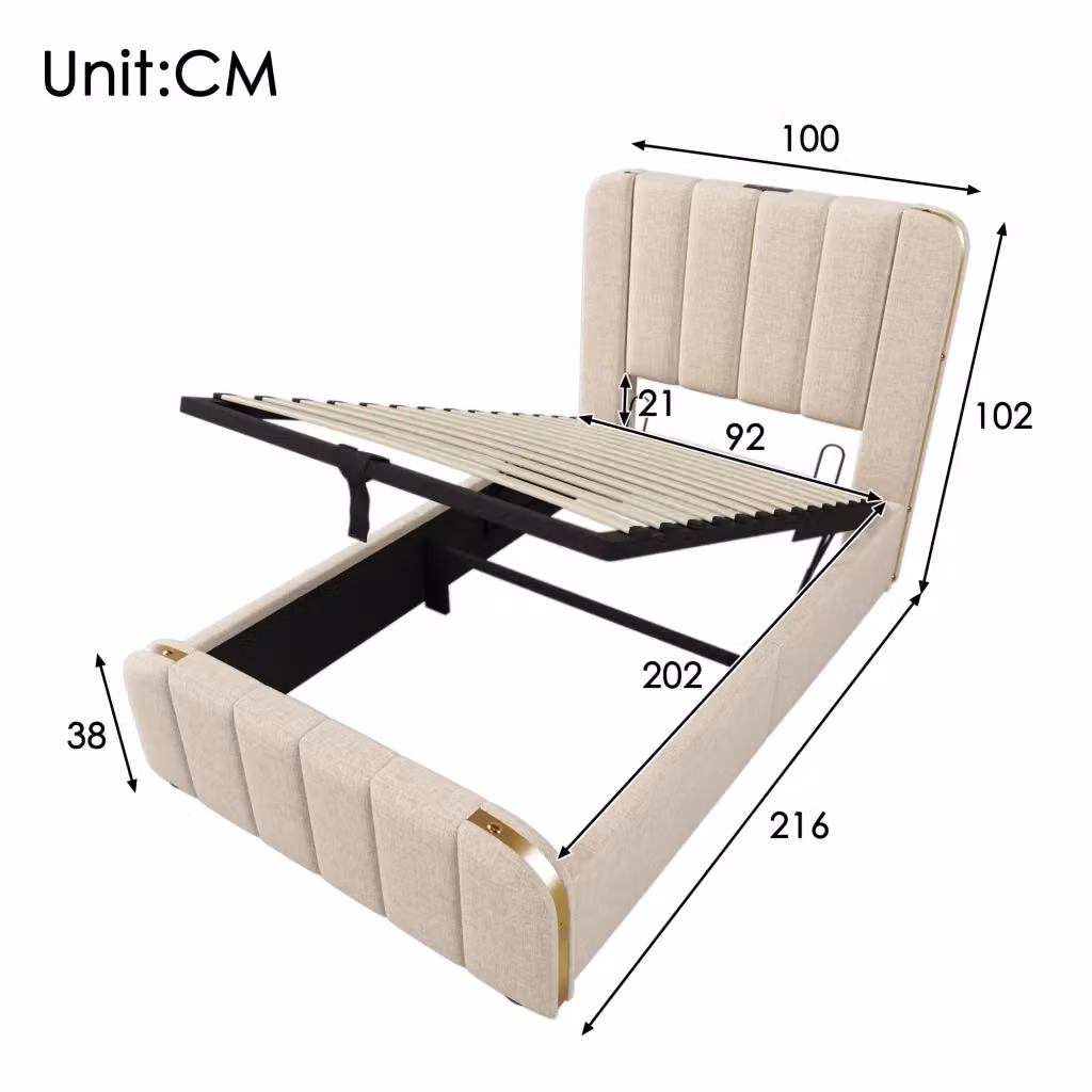 Letto imbottito moderno CIPACHO in lino beige con base contenitore a sollevamento e porta di ricarica USB L/P/H: 90 x 200 x 102 cm – 2