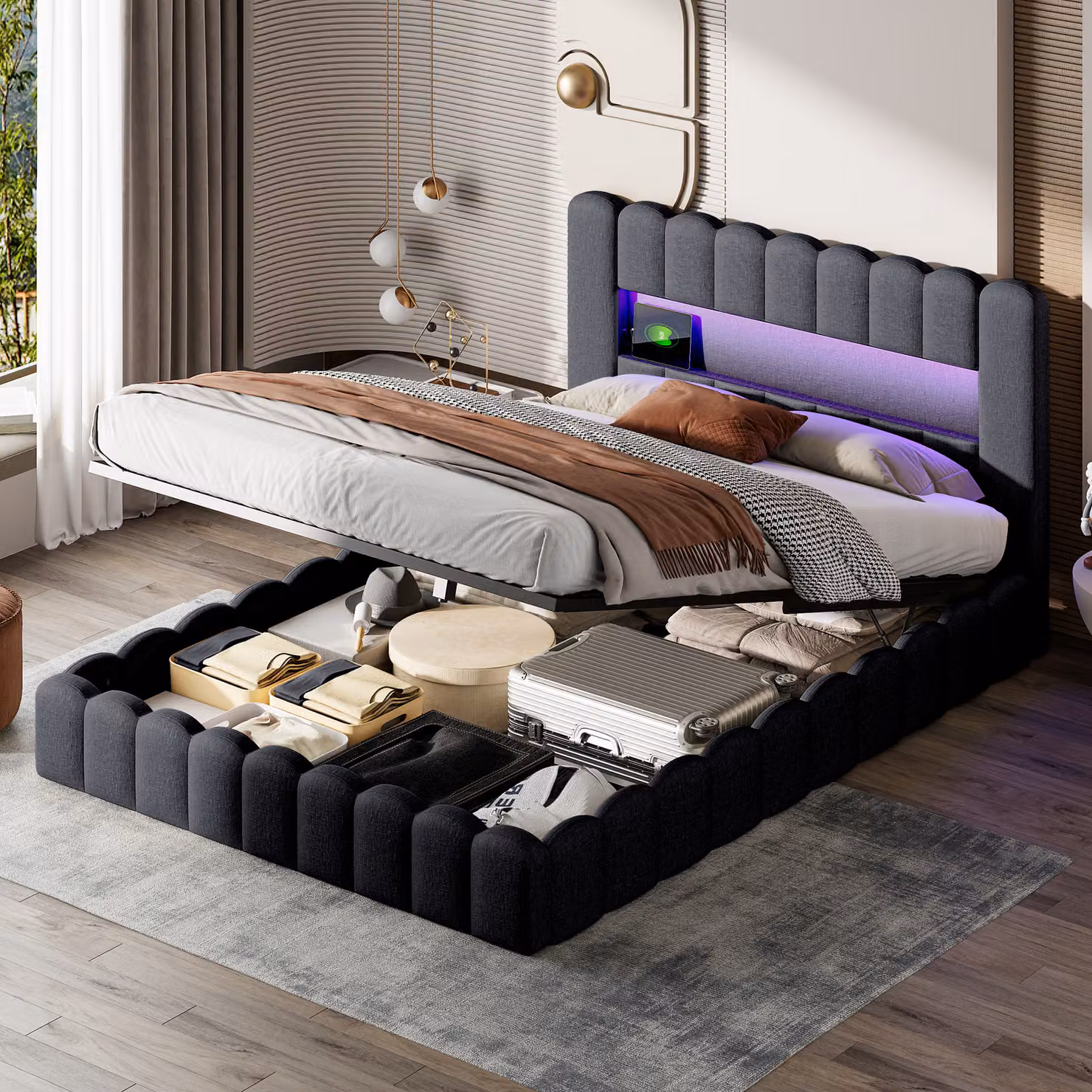 Letto imbottito Fortuna Lai 140x200cm con USB, letto per ragazzi letto matrimoniale con rete a doghe e contenitore, letto contenitore con LED, lino, grigio