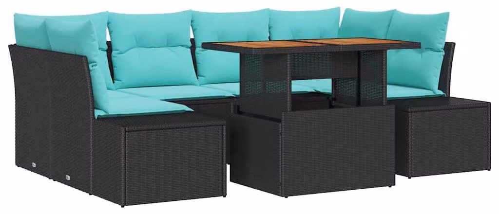 Set da giardino composto da 7 pezzi, colore nero, realizzato in rattan sintetico