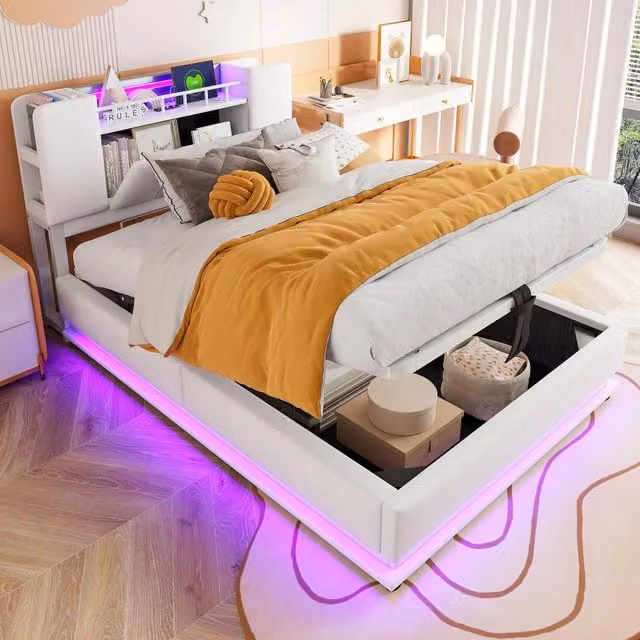 Letto imbottito CIPACHO in velluto beige con contenitore a sollevamento, luci sottostante e porta USB, L/P/H: 90 x 200 x 107 cm
