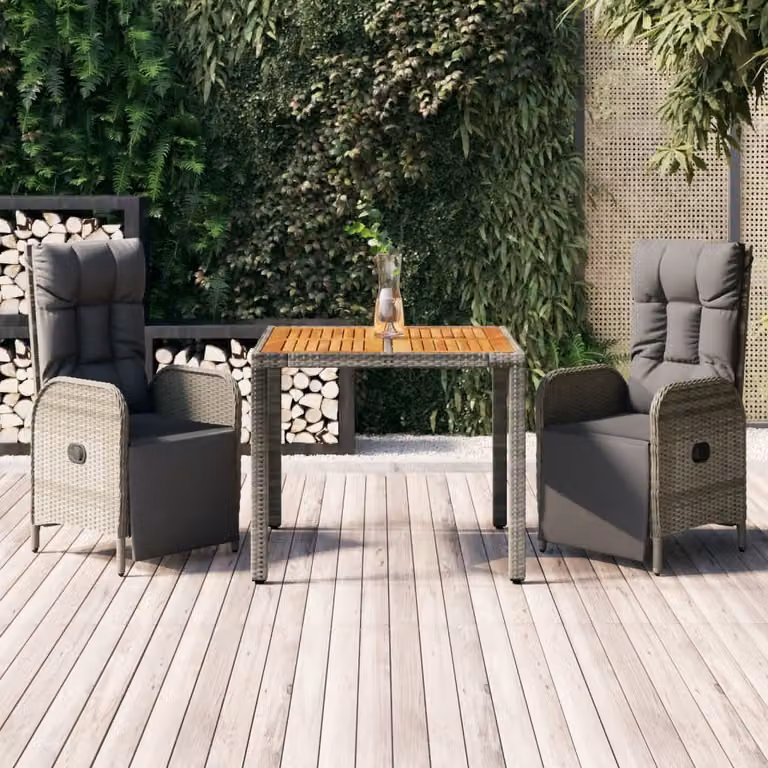 The Living Store Set da pranzo da giardino in 3 pezzi con cuscini in poly rattan grigio
