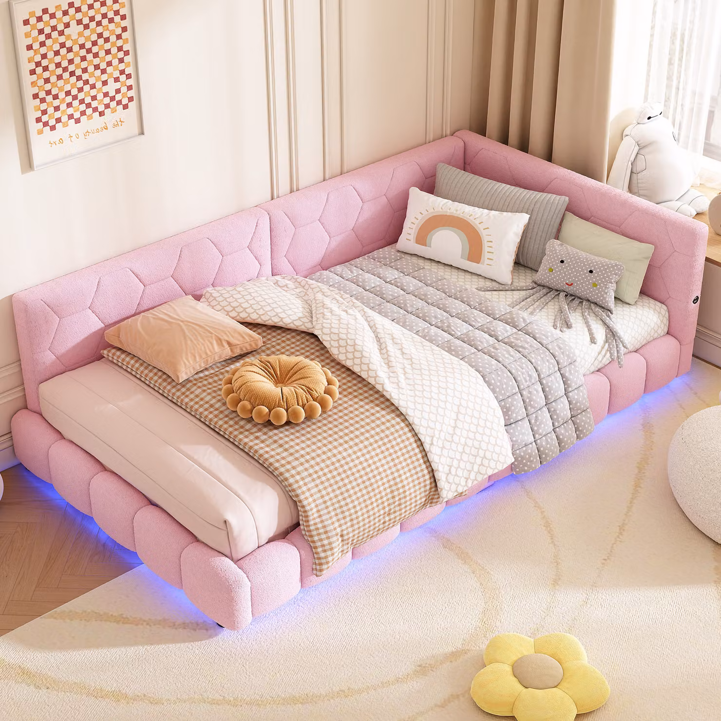 Letto imbottito Merax 90x200cm con LED e connessione USB, letto da giorno con rete a doghe, divano letto in peluche, letto funzionale letto matrimoniale letto per bambini, rosa