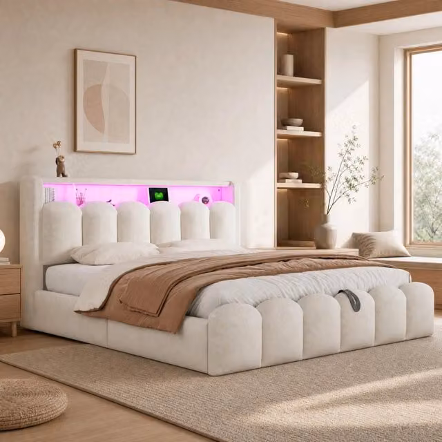 Letto matrimoniale imbottito ULEVR 180x200 cm con contenitore idraulico, LED, USB e Type-C, velluto beige