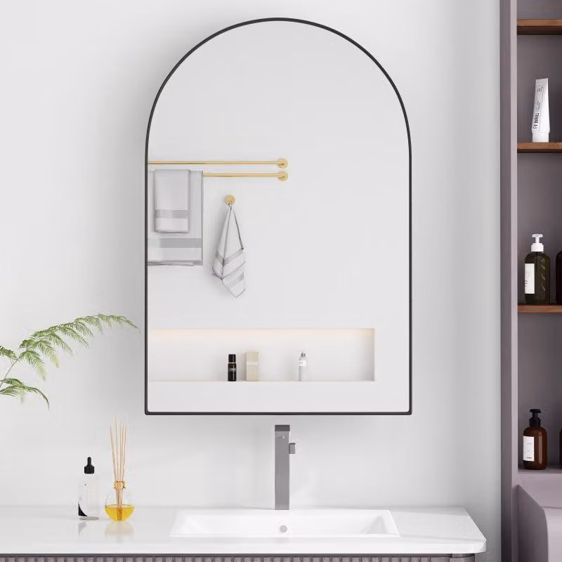 Specchio da parete moderno a forma di arco, mobiletto contenitore con ripiano, metallo nero, 91x61x12 cm