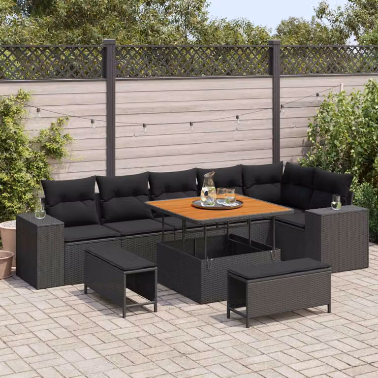 Set Divano da Giardino vidaXL 9 Pezzi Nero con Cuscini e Tavolino da Moderno in Polyrattan e Acciaio