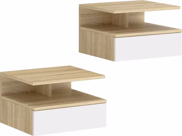 Set di 2 Comodini Sospesi HOMCOM con Cassetto e Mensola Aperta, Bianco e Rovere, L 35 x P 32 x H 22,5 cm