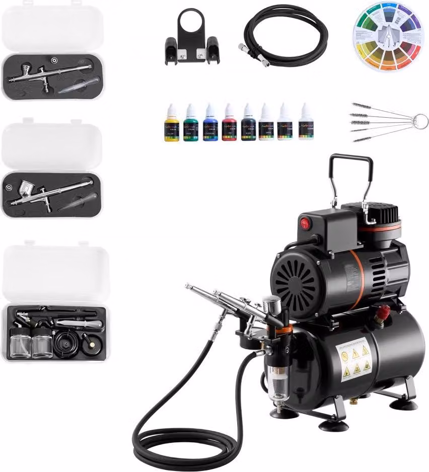 Set aerografo 1/6 hp con compressore, serbatoio, doppia azione, 3 pistole per aerografo, 3 ugelli, tubo flessibile, colori acrilici e 2 ventole - per decorazione di torte, pittura di modelli e nail art