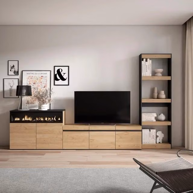 Mobile TV, Soggiorno, 310x35x186cm, Per TV fino a 65", Camino elettrico, colore Rovere e nero RF3153