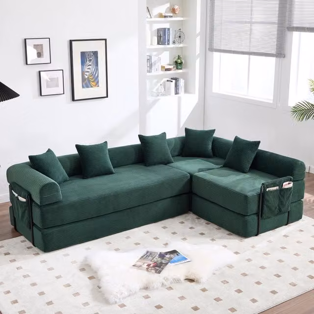 Divano letto modulare a L Mivray in velluto a righe verde per soggiorno