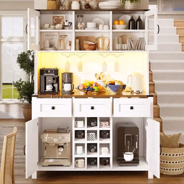Credenza alta 120x40x170 cm bianca in MDF e vetro, LED e prese USB