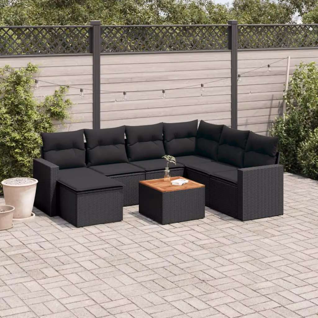 vidaXL Set Divani da Giardino a L con Cuscini 8 pz in Polyrattan Nero e Legno di Acacia – 1