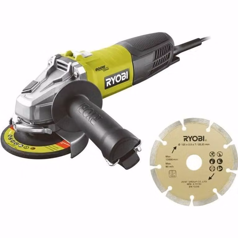 RYOBI - 800W Angle Grinder. 125mm Diameter - 12.000 rpm + Bag. 125mm Diamond Disc & Service Wrench - RAG800-125SD1