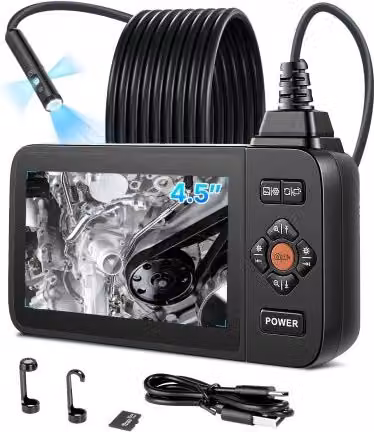 VEVOR Endoscopio Articolato a Tripla Lente con Schermo IPS HD da 4,5 pollici, Telecamera Endoscopica Industriale con Luce, Zoom 8x e Batteria da 3000 mAh, Cavo Impermeabile IP67 da 5 m, Nero