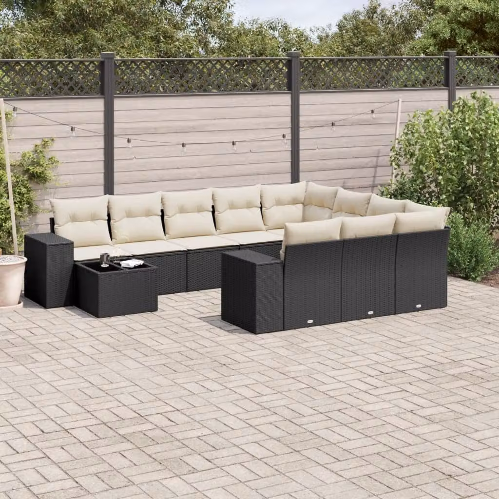 vidaXL Set Divani da Giardino 11 pz a Forma a L con Cuscini e Tavolino, Polyrattan Nero e Bianco – 1