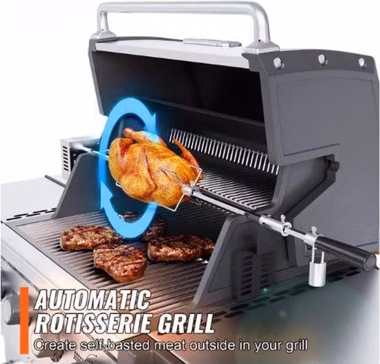 Spiedo per barbecue XXL in acciaio inossidabile, 101 cm, motore da 9 W, per 12 kg