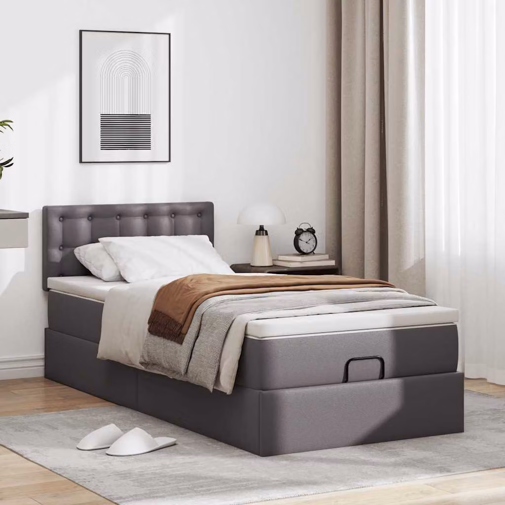Struttura Letto Pouf con Materasso Grigio 90x200 cm Pelle finta