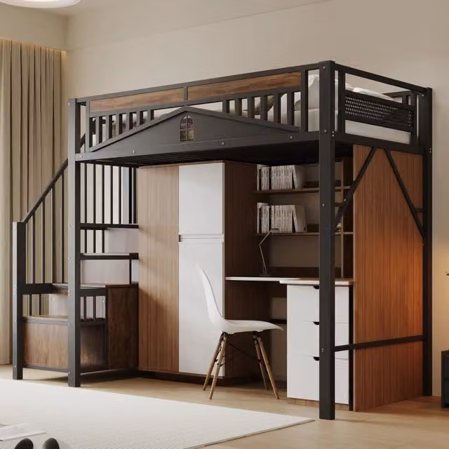 Letto a soppalco MIVRAY singolo in metallo nero con scale, vani contenitore e barriera a finestra L/P/H: 200 x 90 x 170 cm