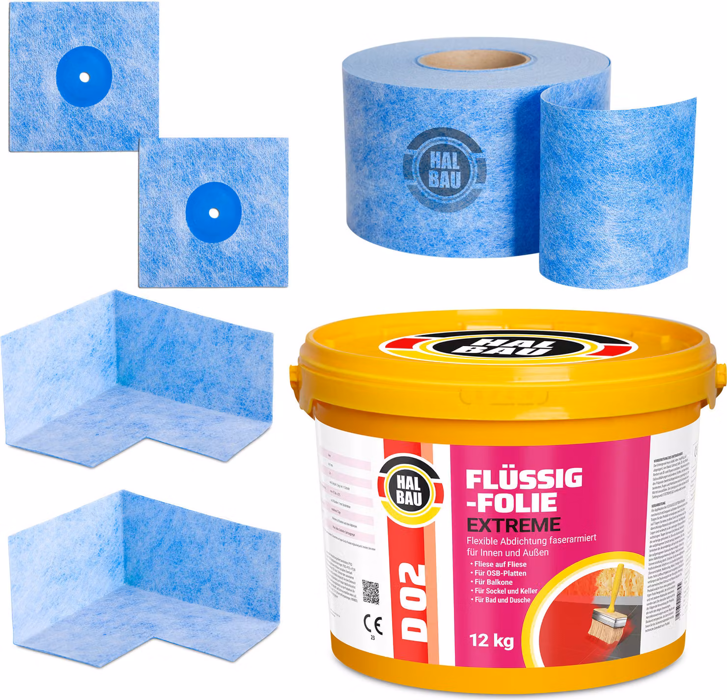 Kit di sigillatura per doccia da balcone, composto da: membrana liquida da 12 kg, nastro sigillante da 10 metri, angolari per esterni e interni, modello H317