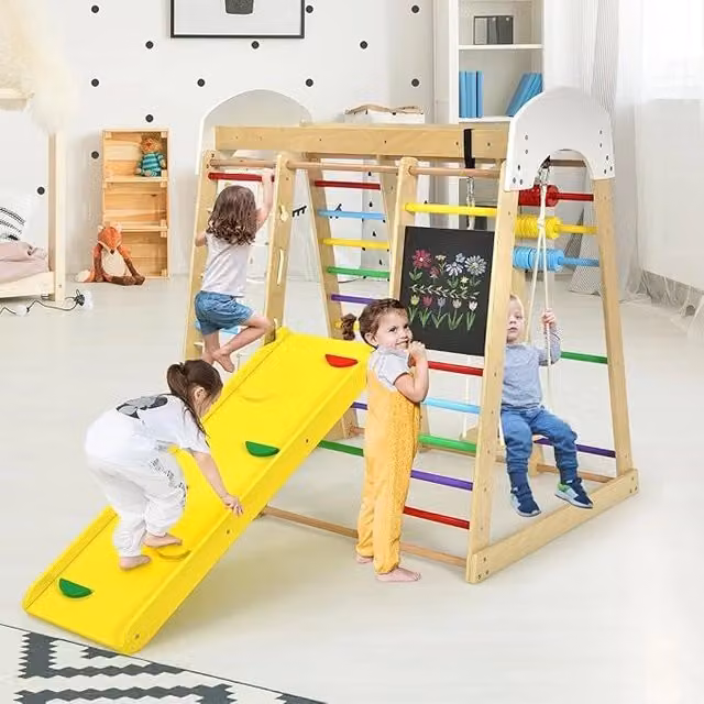 8 in 1 Triangolo da Arrampicata Multifunzione, Parco Giochi in legno Massello con Scivolo, Altalena e Lavagna, Uso Interno, per Bambini 1 a 5 anni (Modello 3 Colorato)
